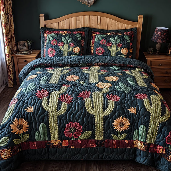 Rustic Cactus quilted 3-piece bedding set on a made bed in a farmhouse bedroom