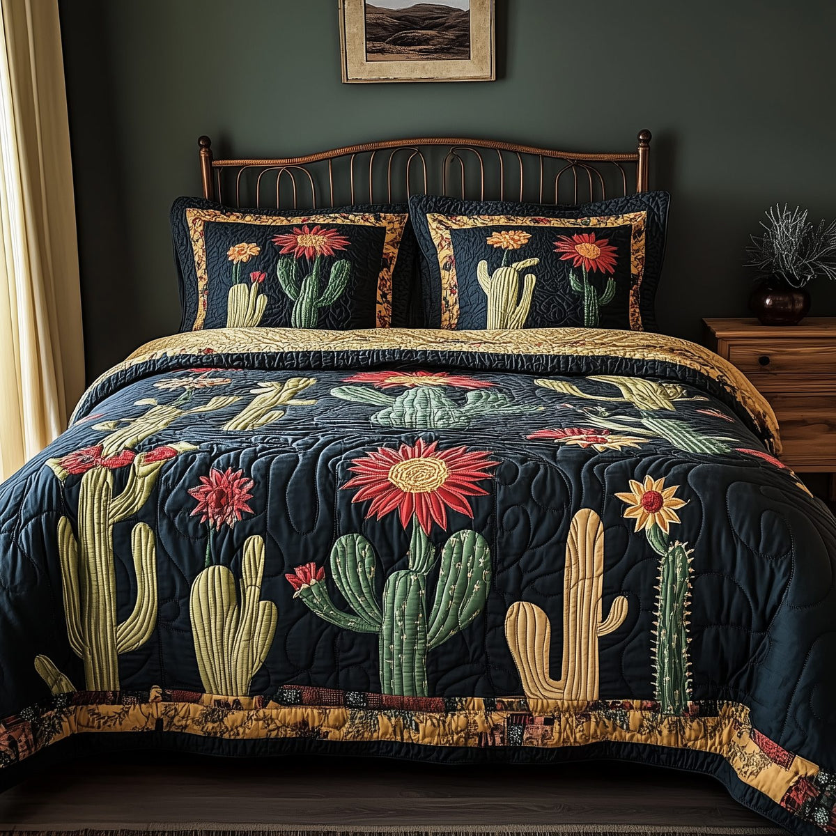 Rustic Cactus quilted 3-piece bedding set on a made bed in a farmhouse bedroom