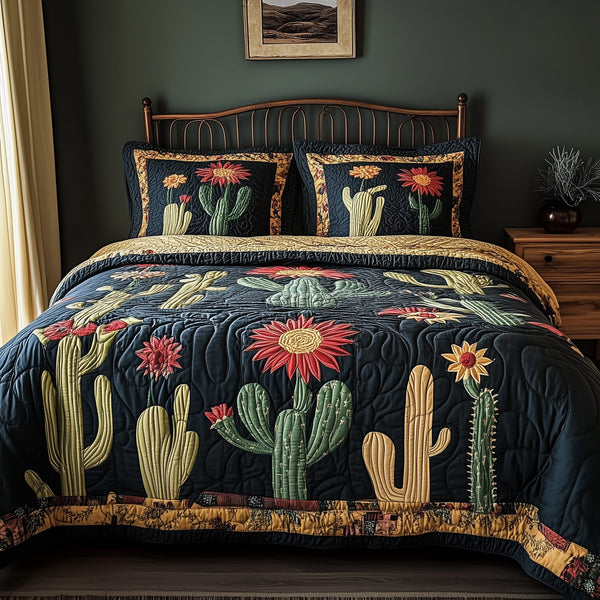 Rustic Cactus quilted 3-piece bedding set on a made bed in a farmhouse bedroom