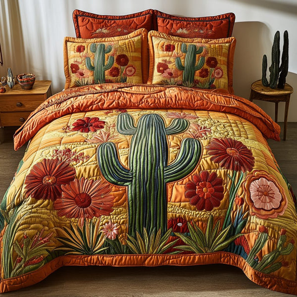 Rustic Cactus quilted 3-piece bedding set on a made bed in a farmhouse bedroom