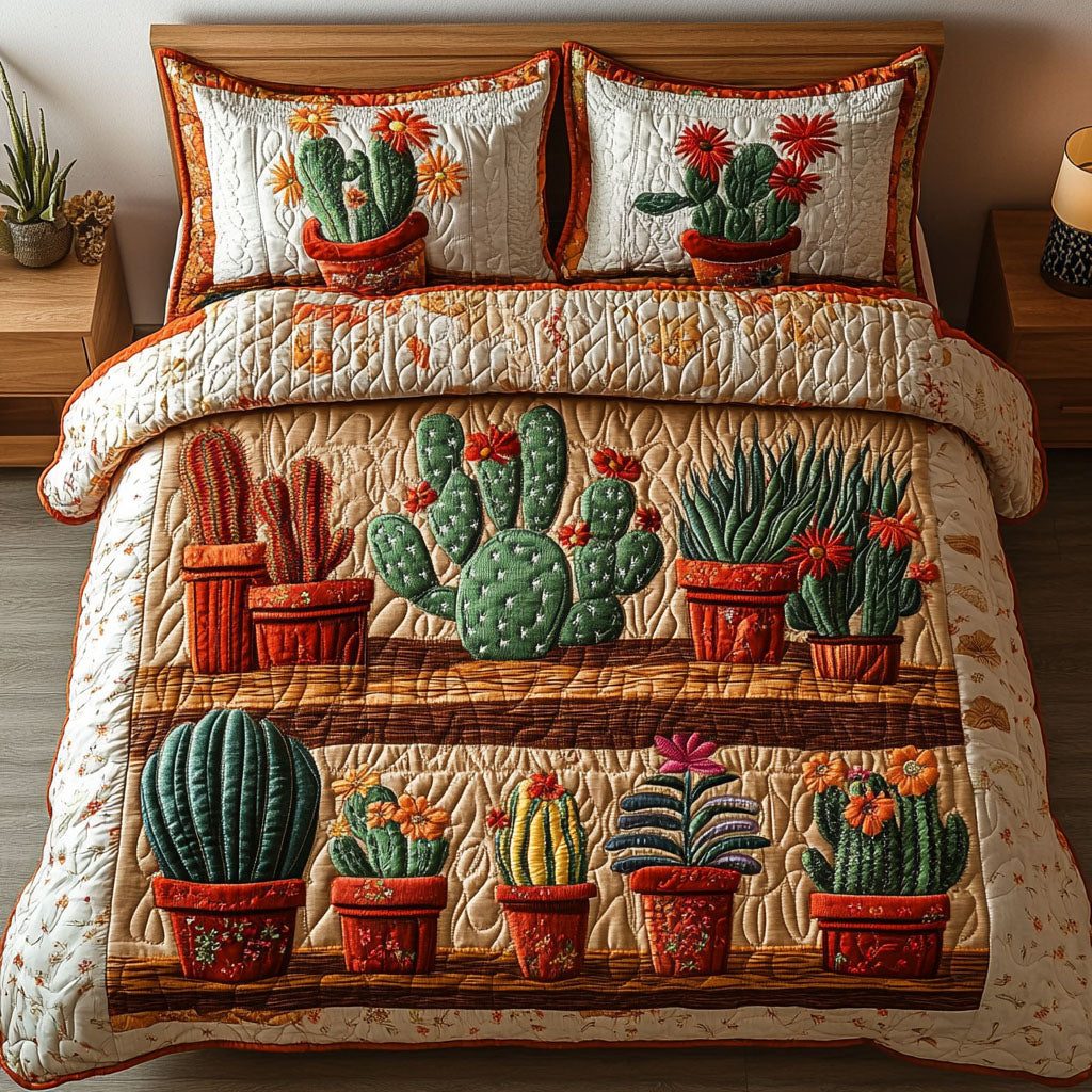 Rustic Cactus Shelves quilted 3-piece bedding set on a made bed in a farmhouse bedroom
