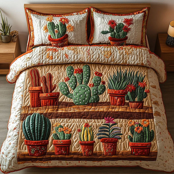 Rustic Cactus Shelves quilted 3-piece bedding set on a made bed in a farmhouse bedroom