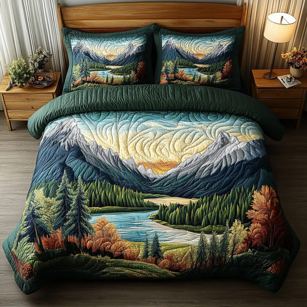 Rustic Calm quilted 3-piece bedding set on a made bed in a farmhouse bedroom