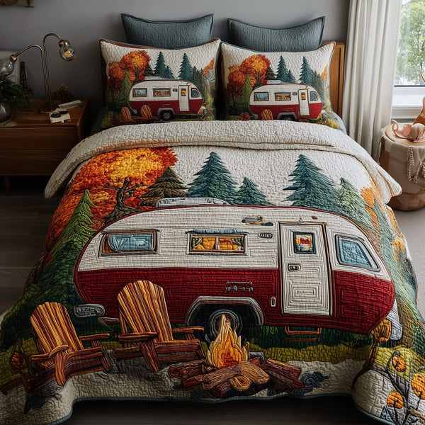 Rustic Campfire quilted 3-piece bedding set on a made bed in a farmhouse bedroom