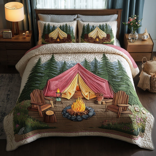 Rustic Campfire quilted 3-piece bedding set on a made bed in a farmhouse bedroom