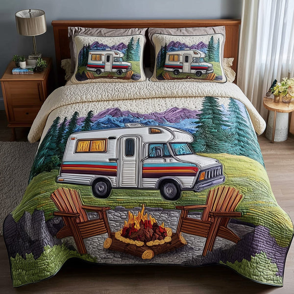 Rustic Campfire quilted 3-piece bedding set on a made bed in a farmhouse bedroom