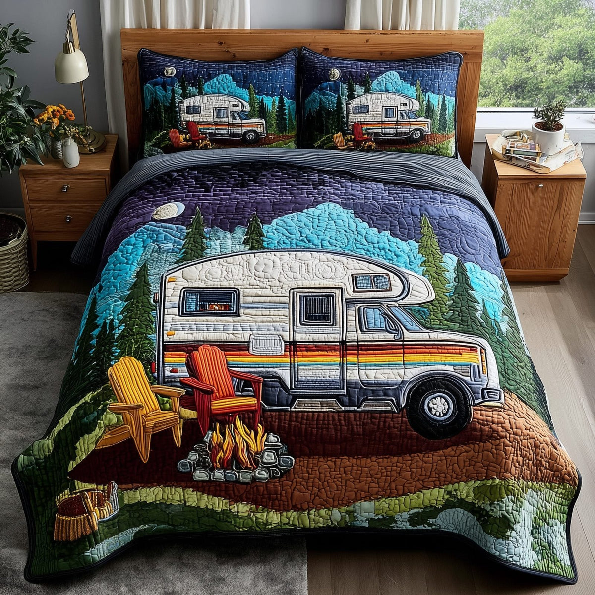 Rustic Campfire quilted 3-piece bedding set on a made bed in a farmhouse bedroom