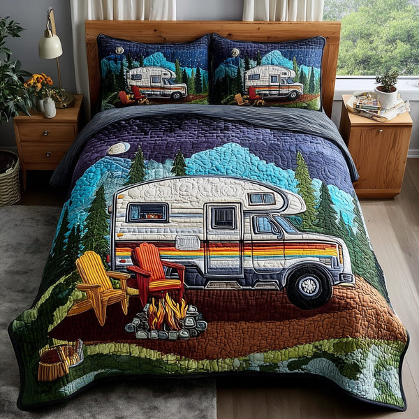 Rustic Campfire quilted 3-piece bedding set on a made bed in a farmhouse bedroom