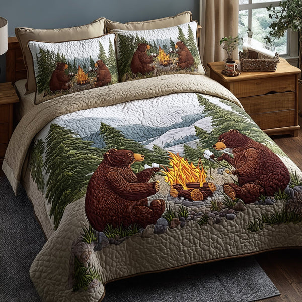 Rustic Campfire quilted 3-piece bedding set on a made bed in a farmhouse bedroom