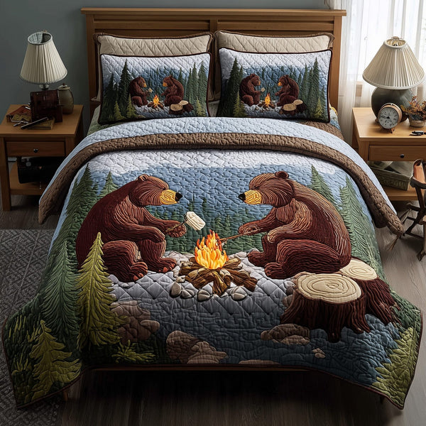 Rustic Campfire quilted 3-piece bedding set on a made bed in a farmhouse bedroom