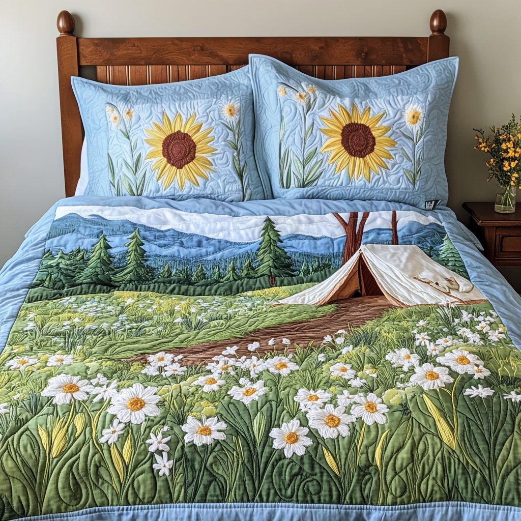 Rustic Camping quilted 3-piece bedding set on a made bed in a farmhouse bedroom