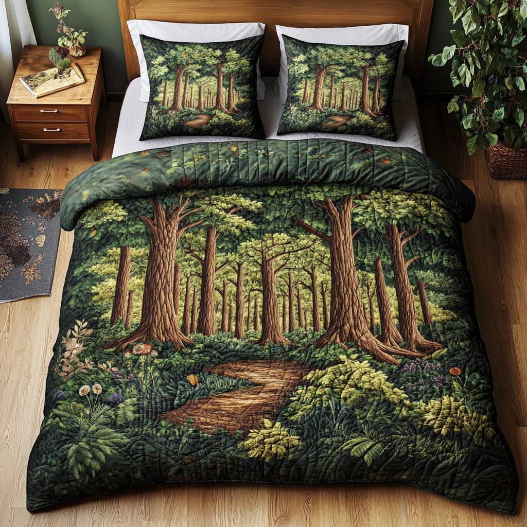Rustic Canopy quilted 3-piece bedding set on a made bed in a farmhouse bedroom