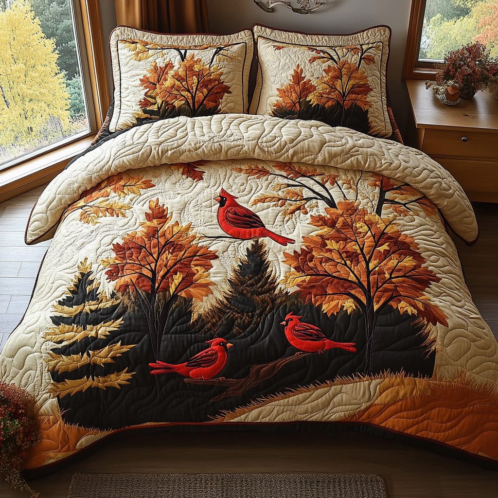 Rustic Cardinal quilted 3-piece bedding set on a made bed in a farmhouse bedroom
