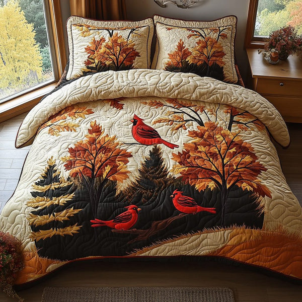 Rustic Cardinal quilted 3-piece bedding set on a made bed in a farmhouse bedroom