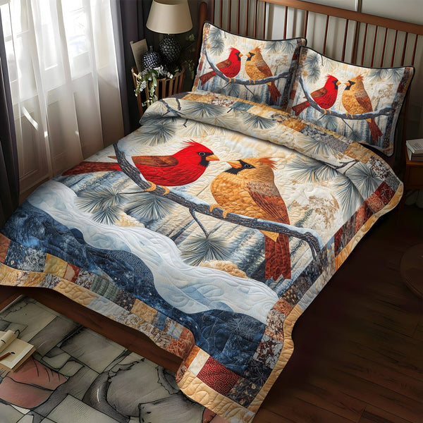 Rustic Cardinal quilted 3-piece bedding set on a made bed in a farmhouse bedroom