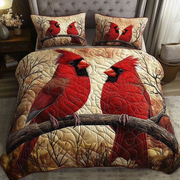 Rustic Cardinals quilted 3-piece bedding set on a made bed in a farmhouse bedroom