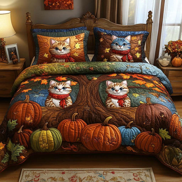 Rustic Cat Bliss quilted 3-piece bedding set on a made bed in a farmhouse bedroom