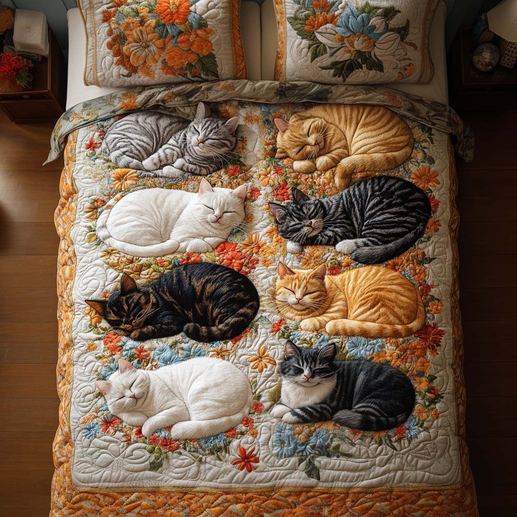 Rustic Cat Garden quilted 3-piece bedding set on a made bed in a farmhouse bedroom