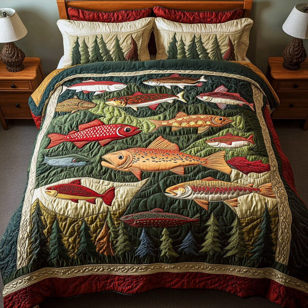 Rustic Catch quilted 3-piece bedding set on a made bed in a farmhouse bedroom