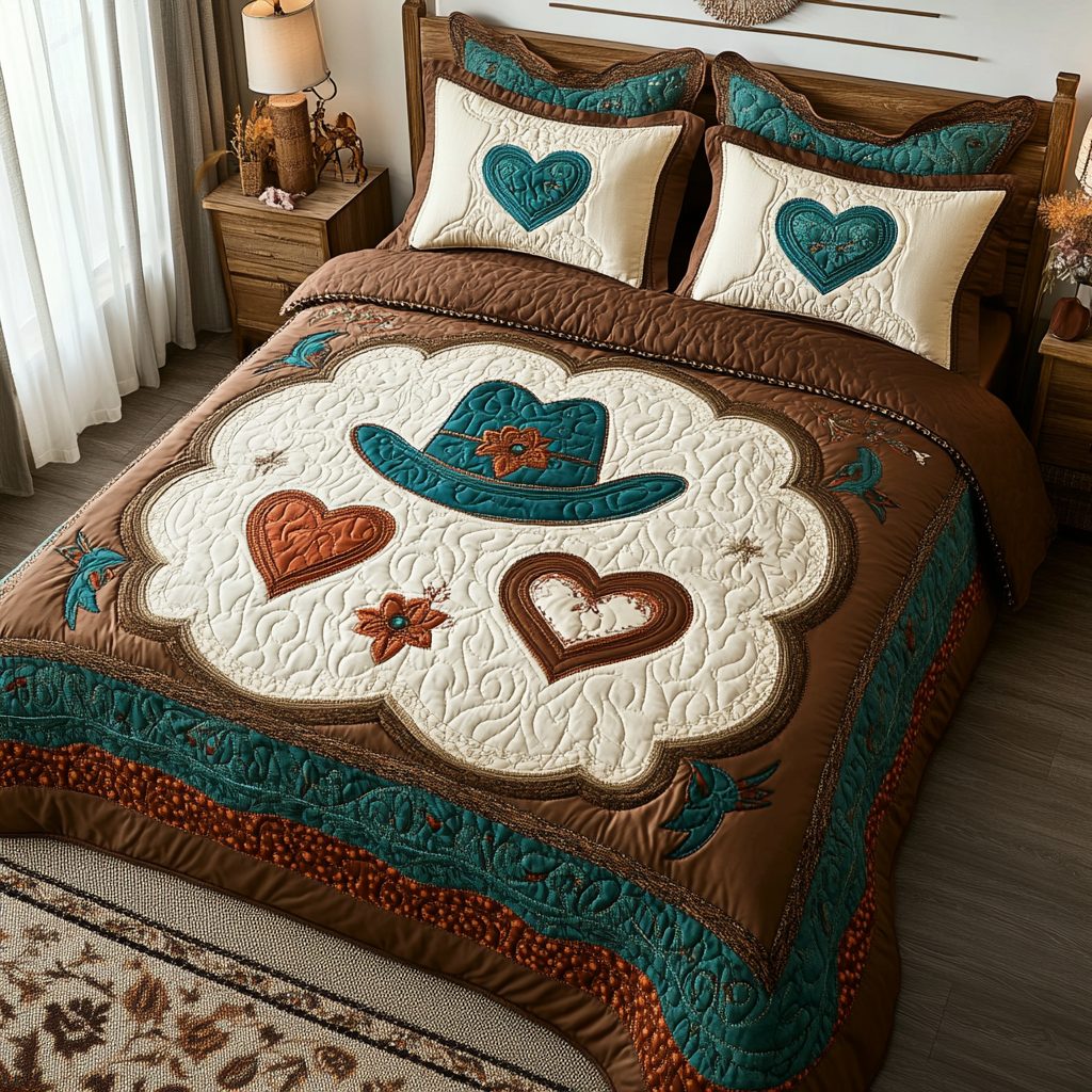 Rustic Charm quilted 3-piece bedding set on a made bed in a farmhouse bedroom