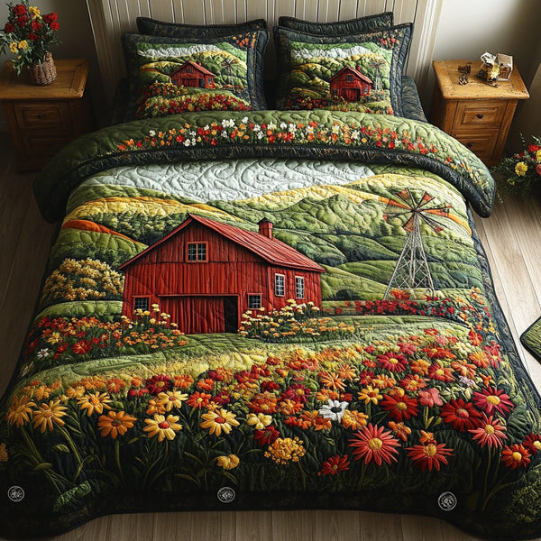 Rustic Charm quilted 3-piece bedding set on a made bed in a farmhouse bedroom