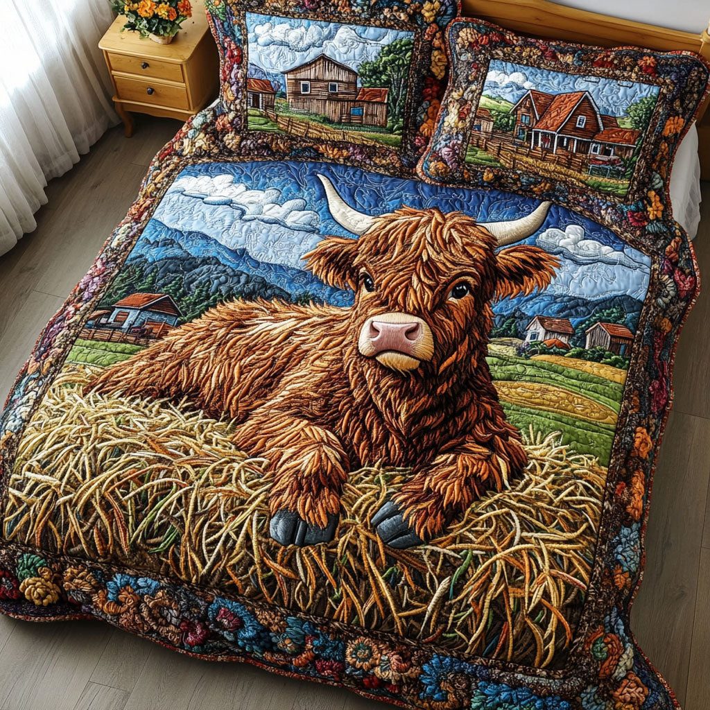 Rustic Charm quilted 3-piece bedding set on a made bed in a farmhouse bedroom