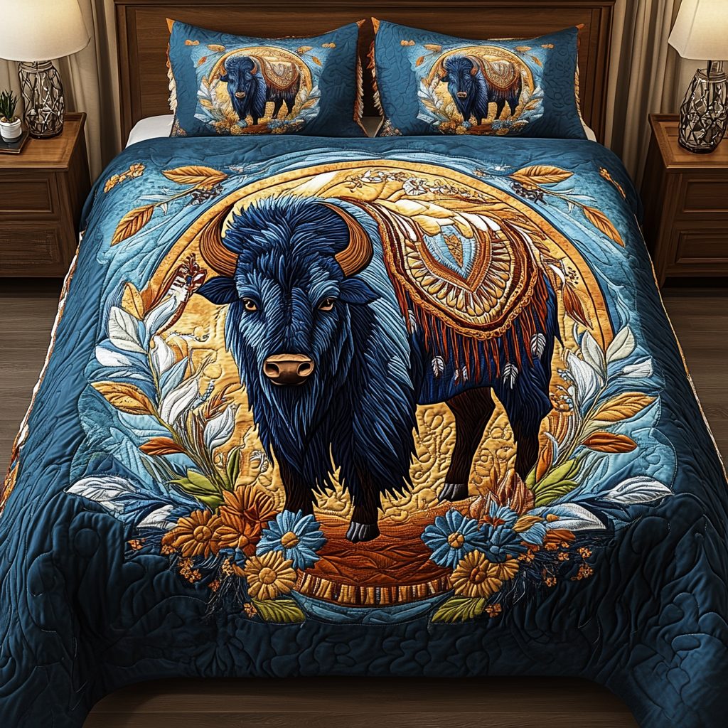 Rustic Charm quilted 3-piece bedding set on a made bed in a farmhouse bedroom