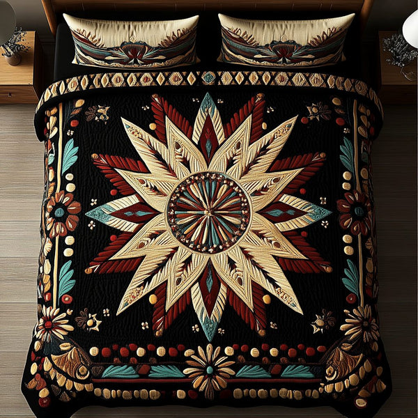 Rustic Charm quilted 3-piece bedding set on a made bed in a farmhouse bedroom