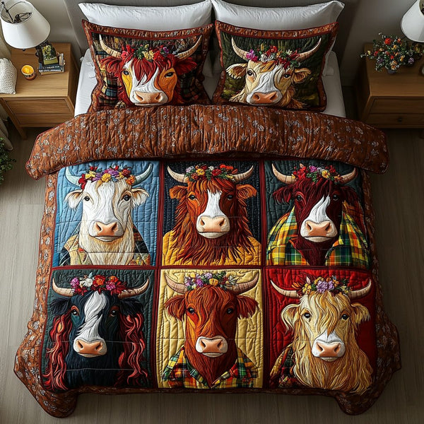 Rustic Charm quilted 3-piece bedding set on a made bed in a farmhouse bedroom