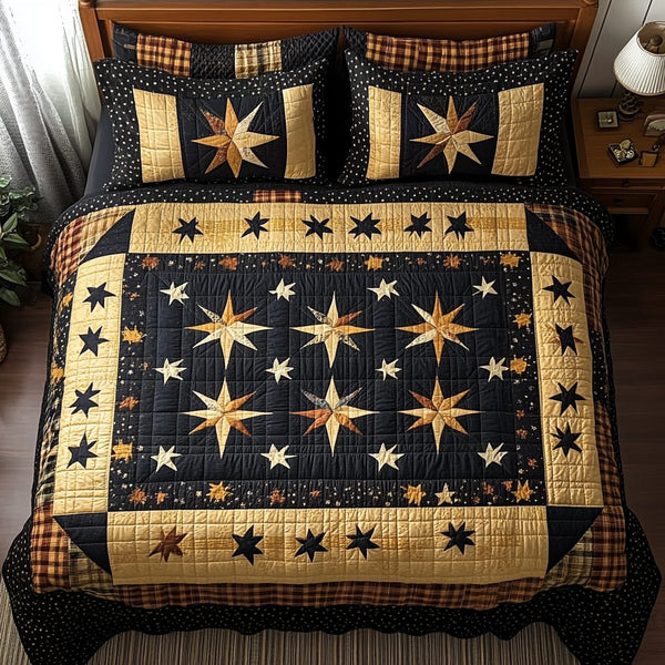 Rustic Charm quilted 3-piece bedding set on a made bed in a farmhouse bedroom