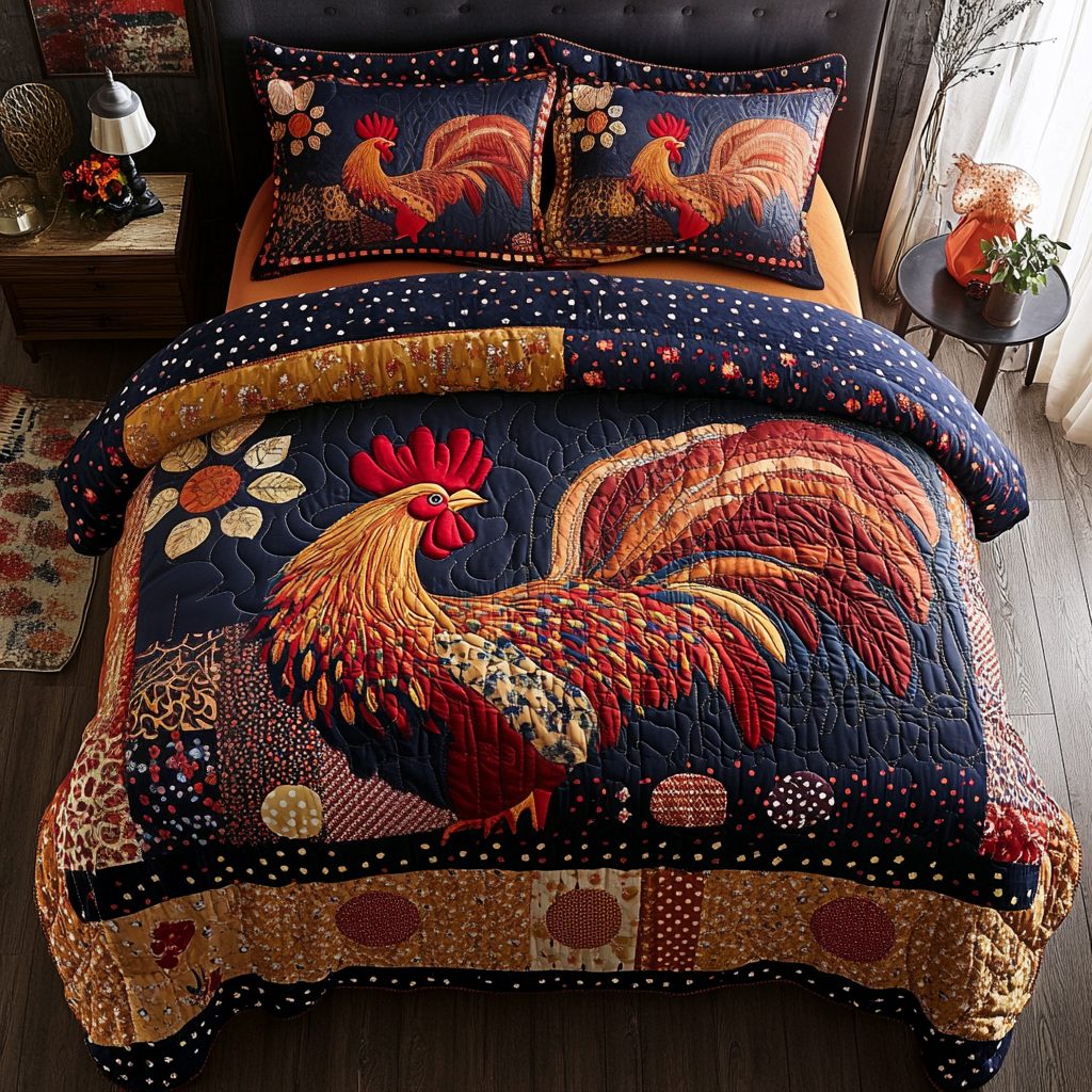 Rustic Charm quilted 3-piece bedding set on a made bed in a farmhouse bedroom