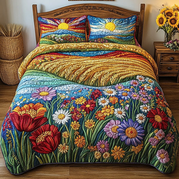 Rustic Charm quilted 3-piece bedding set on a made bed in a farmhouse bedroom