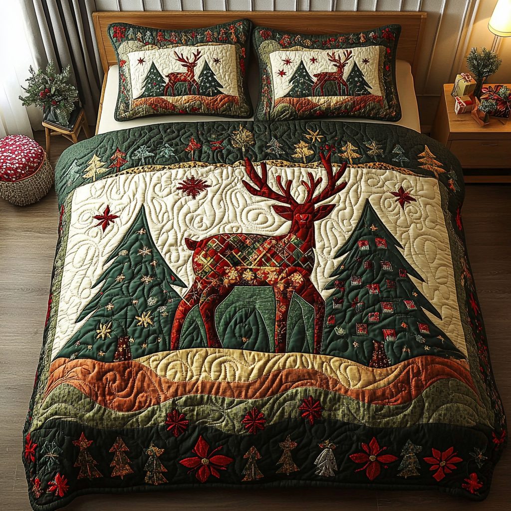 Rustic Cheer quilted 3-piece bedding set on a made bed in a farmhouse bedroom
