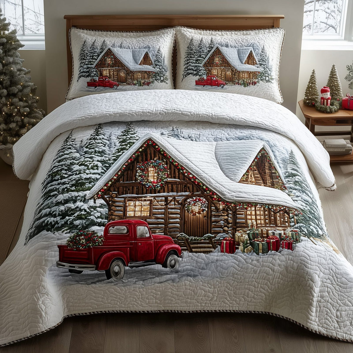 Rustic Christmas Haven quilted 3-piece bedding set on a made bed in a winter-styled bedroom
