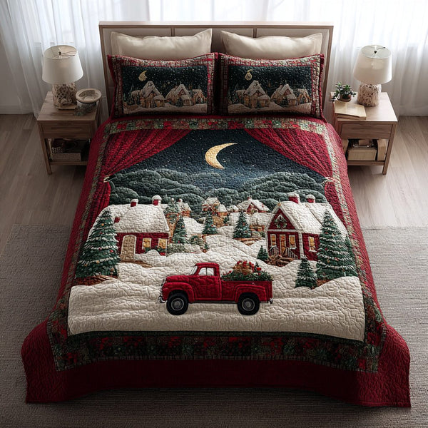 Rustic Christmas Village Barn quilted 3-piece bedding set on a made bed in a winter-styled bedroom