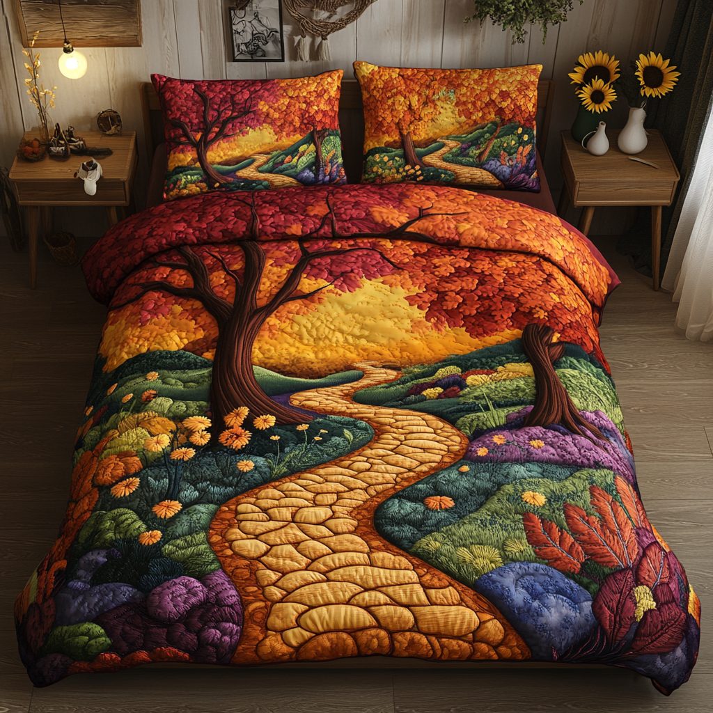 Rustic Countryside quilted 3-piece bedding set on a made bed in a farmhouse bedroom