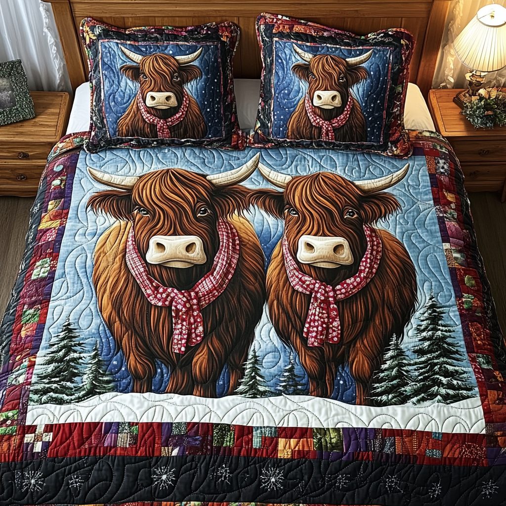 Rustic Cow quilted 3-piece bedding set on a made bed in a farmhouse bedroom