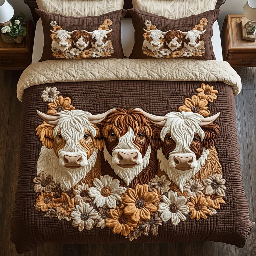 Rustic Cow quilted 3-piece bedding set on a made bed in a farmhouse bedroom