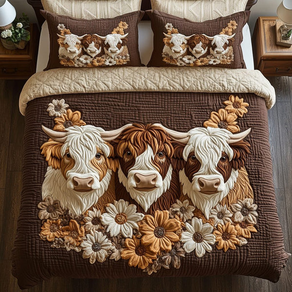Rustic Cow quilted 3-piece bedding set on a made bed in a farmhouse bedroom