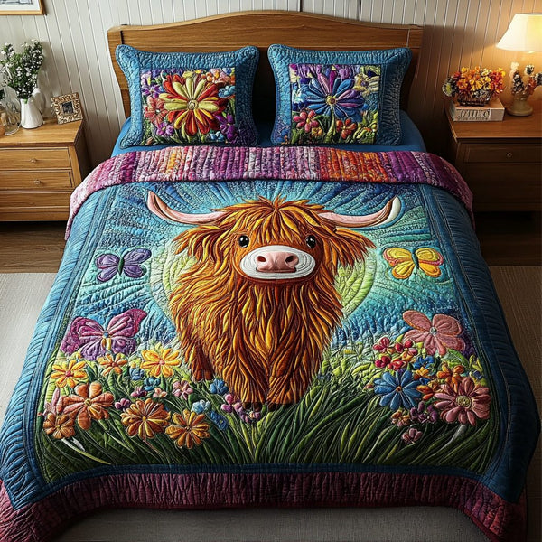 Rustic Cow quilted 3-piece bedding set on a made bed in a farmhouse bedroom