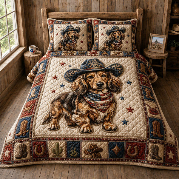 Rustic Cowboy Doxie quilted 3-piece bedding set on a made bed in a rustic timber bedroom