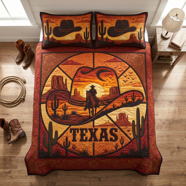 Rustic Cowboy quilted 3-piece bedding set on a made bed in a rustic timber bedroom