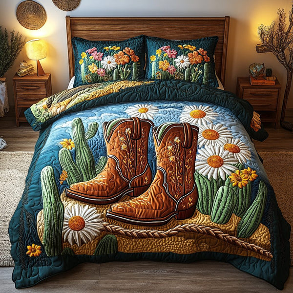 Rustic Cowboy Retreat quilted 3-piece bedding set on a made bed in a rustic timber bedroom