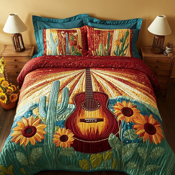 Rustic Cowboy Tune quilted 3-piece bedding set on a made bed in a rustic timber bedroom