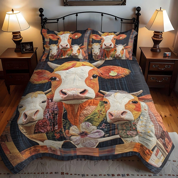 Rustic Cowscape quilted 3-piece bedding set on a made bed in a farmhouse bedroom
