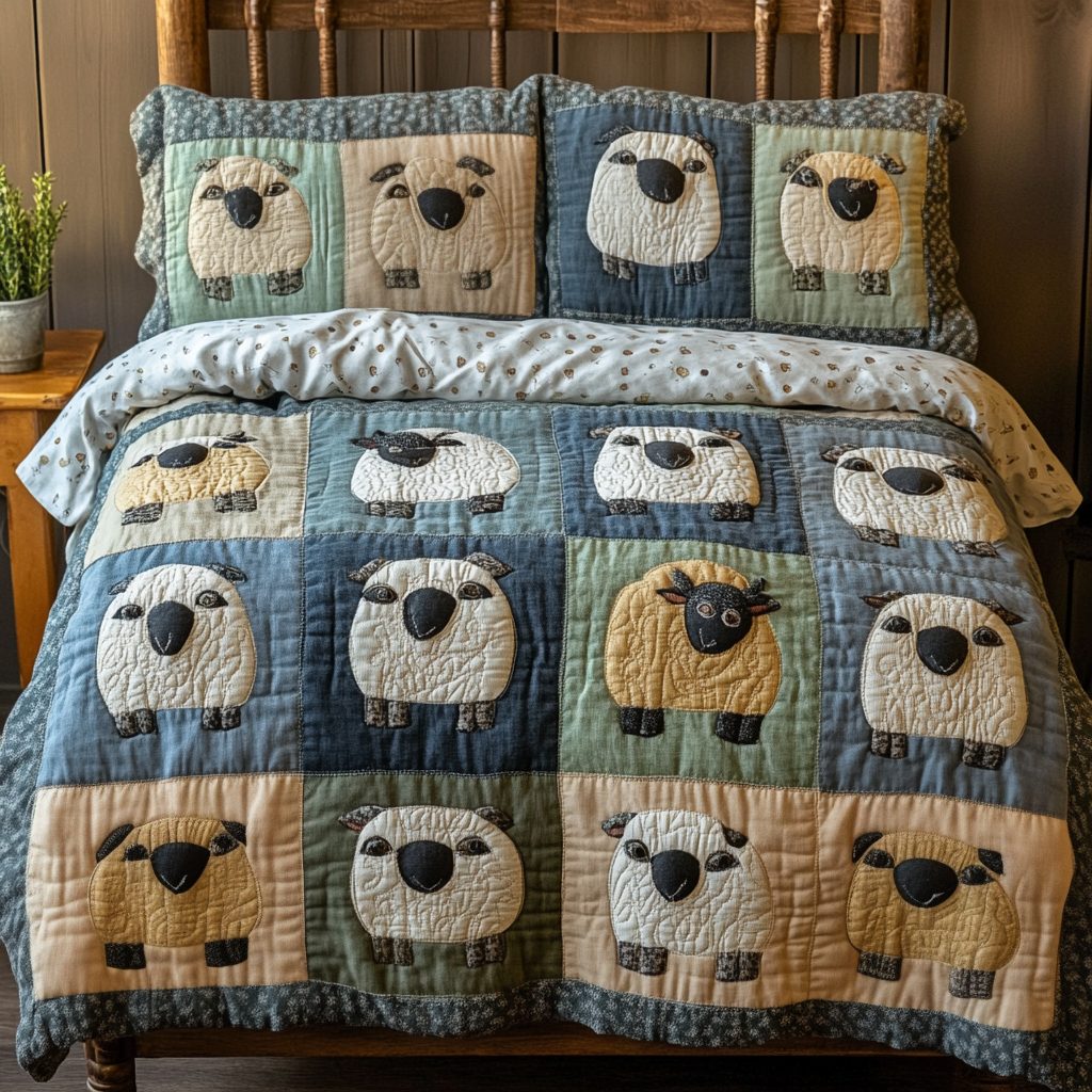 Rustic Cozy quilted 3-piece bedding set on a made bed in a farmhouse bedroom