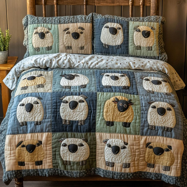 Rustic Cozy quilted 3-piece bedding set on a made bed in a farmhouse bedroom