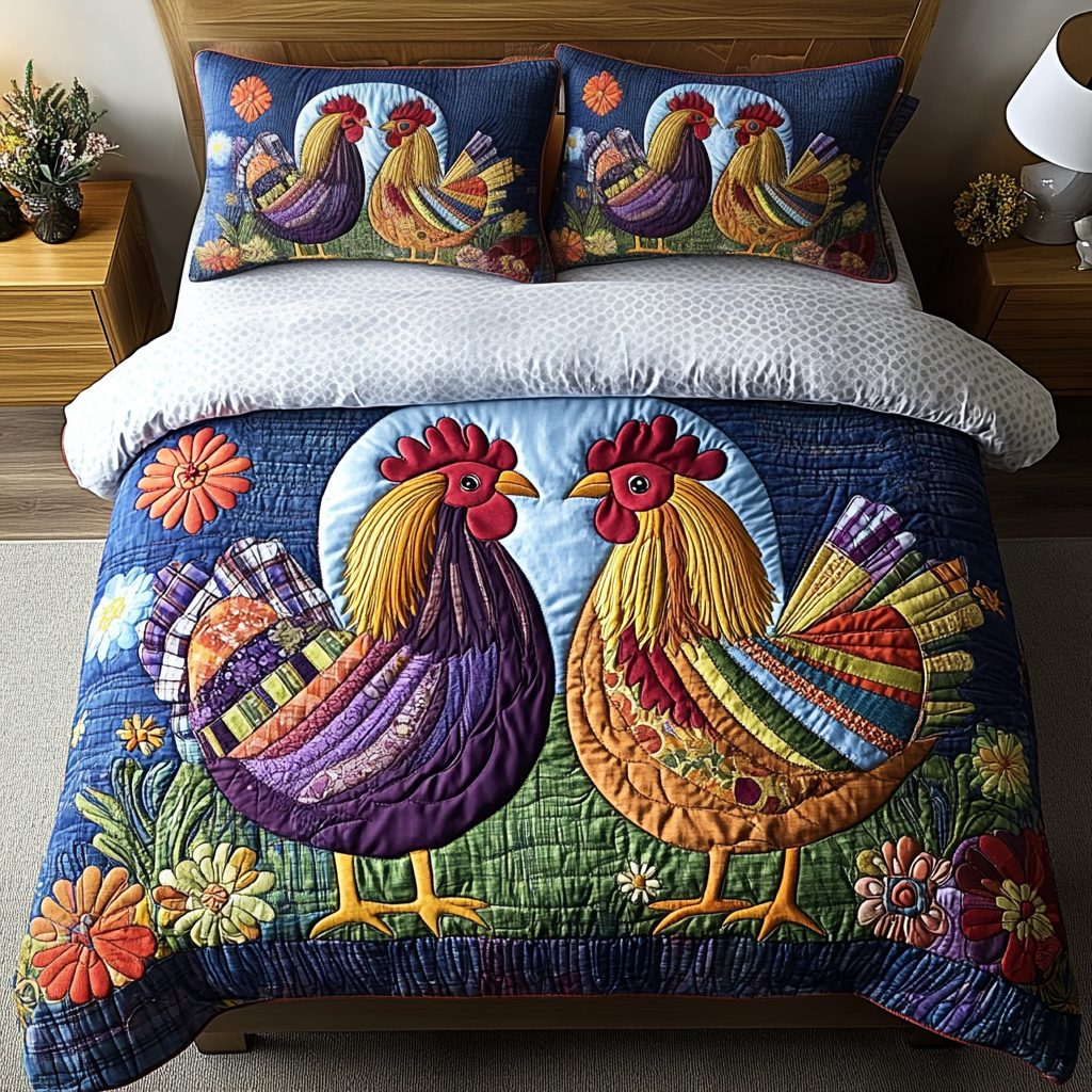 Rustic Crow quilted 3-piece bedding set on a made bed in a farmhouse bedroom