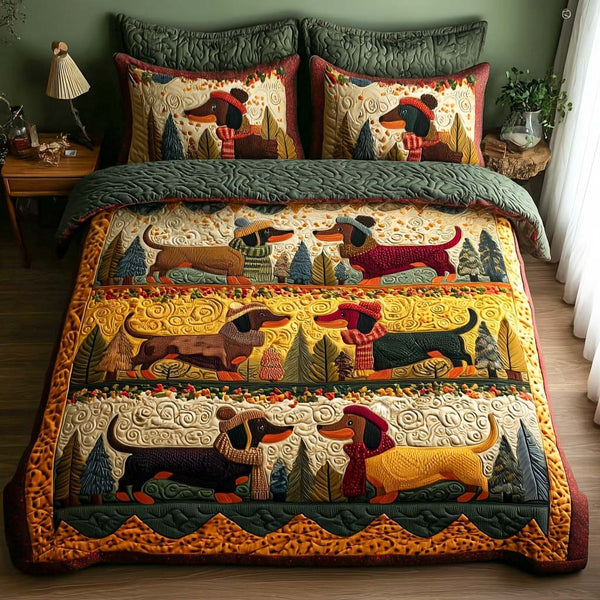 Rustic Dachshund quilted 3-piece bedding set on a made bed in a farmhouse bedroom