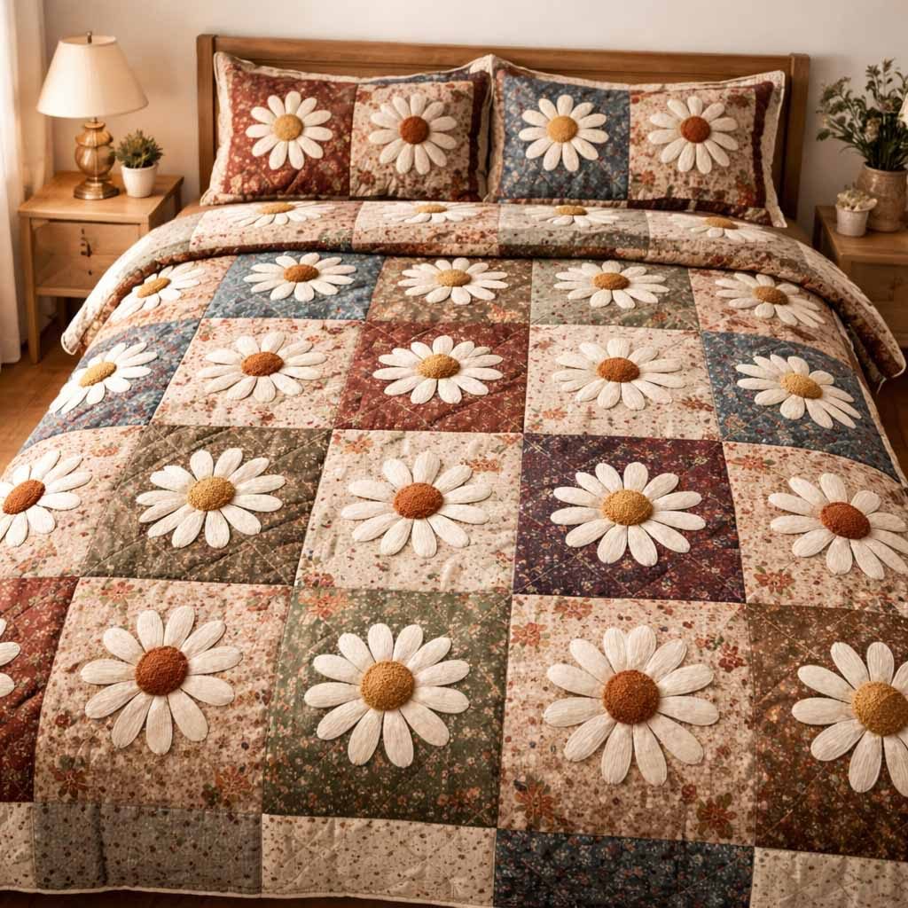 Rustic Daisy quilted 3-piece bedding set on a made bed in a farmhouse bedroom